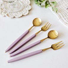 Bogen 可愛茶匙 2入+茶叉 2入組 金色+深粉色, 2p 金茶匙 + 2p 茶叉, 1組