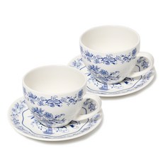 MAZUOKA 圖騰咖啡杯 2入+碟子 2入, 藍色, 2入