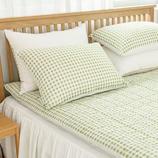ATO&ALO 格紋泡泡紗床包, 橄欖綠