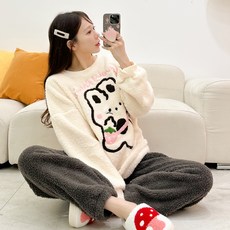 코코드림 여성용 까꿍 배색 도톰한 극세사 수면잠옷 상하 세트