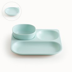 TACKAON 嬰幼兒用方形3格餐具組, 3格餐盤 + 飯碗 + 迷你S盤, 薄荷綠, 1套