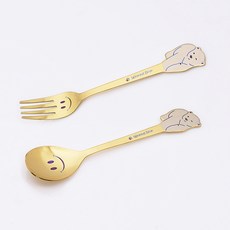 Table Art 兒童眨眼熊鈦合金圓形湯匙+叉子, 霧面金色, 湯匙+叉子