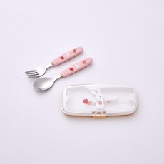 Modern House 【Modern House昌原店】新學期_動物山勺叉套裝(含餐具容器), 莓兔粉紅色, 1組, 湯匙+叉子+餐具容器