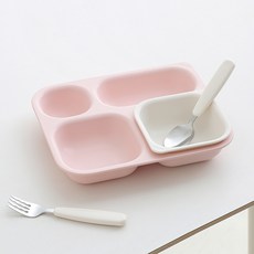 TACKAON Ecogen 方形四格兒童餐盤組, 1套, 粉紅色 + 象牙白, 四格餐盤 + 專用碗 + 湯匙叉子 + 收納盒