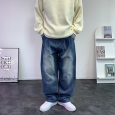 콘피아르 남성용 브러쉬 워싱 더블 핀턱 와이드 데님 팬츠 TC6146