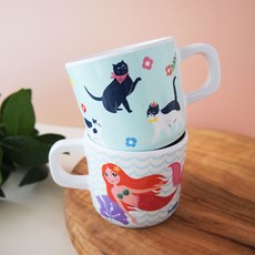 진저 유아용 디자인 머그컵 2종 세트, 인어공주, 고양이, 1세트