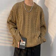 남성용 캐주얼 단색 꽈배기 패턴 라운드넥 니트