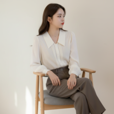 Goodif 女款翻領泡泡袖細褶可愛襯衫