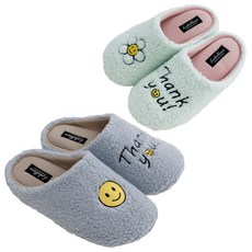 LABELLCO 微笑文字刺繡絨毛室內拖鞋 2雙組, 薄荷綠(女款)+天藍色(男款)