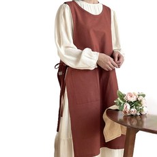 亞麻側邊開衩長版圍裙 栗色 1個