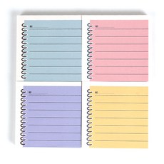 TOCTOC 環圈便條紙 4件組, 黃色 + 紫色 + 粉紅色 + 藍色, 1套, 4個