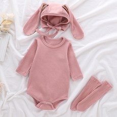 JOY MULTI 孩童素色連身包屁衣+兔子造型帽+長筒襪組