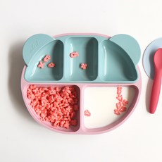 ade.l 孩童矽膠餐盤組, 淺粉色+薄荷綠, 3格餐盤(大)+3格餐盤(小)