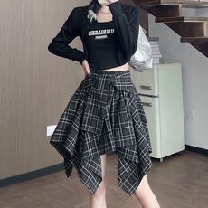 PEONIST A字不對稱格紋襯衫百褶裙