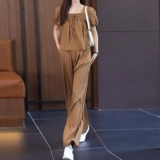 엘쏘 여성용 캐주얼 하원 데이트룩 반팔 + 와이드팬츠 세트