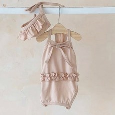 Wavy Days 寵物度假簡約荷葉邊泳衣 + 帽子套組 W265-0161BES