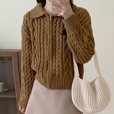 뮤리엘 여성용 짜임 꽈배기 카라 크롭 니트 집업