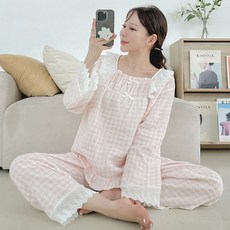 코코드림 여성용 통기성 감성 소녀 순면 체크 레이스 잠옷 상하의 세트 #BNN5515