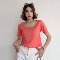 더시럽 여성용 딥U넥 베이직 슬림 크롭 반팔티