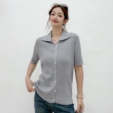 더시럽 여성용 폴로 골지 버튼 반팔 니트