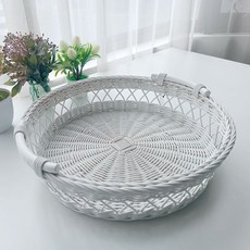 MAISONINDAHRATTANSHOP 高級藤製Tohiti手把圓形託盤藤籃 N035W, 白色, 1個