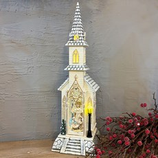 Marsh Marigold 聖誕經典教堂音樂盒, 白色, L(14 x 14 x 46 cm)