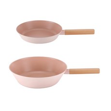 NEOFLAM 經典木柄IH不沾鍋兩件組 平底鍋 28cm+炒鍋 28cm, 平底鍋28cm*1個+炒鍋28cm*1個, 粉色, 1組