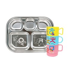LE BARN 動物圖案餐盤+韓文字母圖案杯子 隨機出貨, 混色, 5格餐盤+杯子 3入, 1組