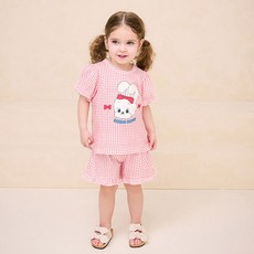 milkmile 女童透氣兔子蝴蝶結俏皮紅色格紋泡泡袖荷葉邊上下裝套組