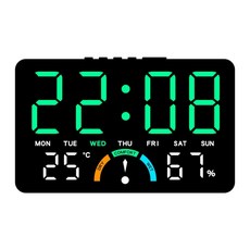 Couselect 居家溫濕度LED電子鐘 簡約大屏掛立兩用 多功能床頭鬧鐘, 黑殼綠燈 數位式