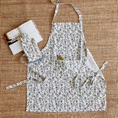 HANIL CARPET 植物圖案純棉連身裙式圍裙 + 廚房手套組, 藍色, 1套