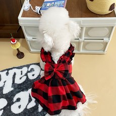 요런개 반려동물 체크무늬 민소매 원피스, 레드, 1개