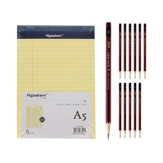 Uni 線條筆記本 A5 5入+鉛筆 5H 12入, 黃色（豪華墊）, 1套