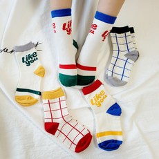 童款文字線條格紋印花長襪 5雙入