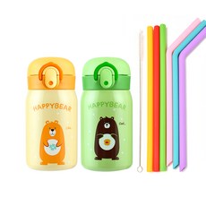 彈蓋式保溫瓶 2入+吸管 6入組, 黃色+綠色, 250ml, 1組