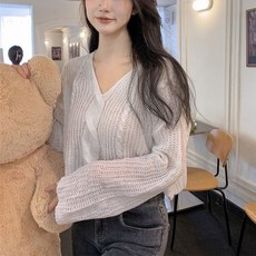 피어니스트 여성용 브이넥 크롭 케이블 긴팔 니트