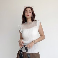 더시럽 여성용 포인트 스퀘어 시스루 골지 나시 니트