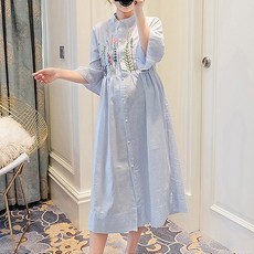 孕婦花朵刺繡A字連身裙