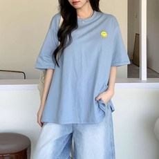 슈가펀 여성용 코인드 스마일 프린팅 반팔 티셔츠