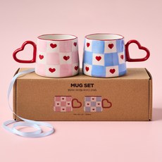 Modern House ON 融化愛心 愛心握把 格紋馬克杯 300ml x 2件組 D9.3, 1套, 粉紅色, 藍色