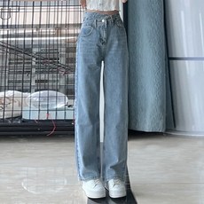 DMELD 女款不對稱高腰直筒牛仔褲