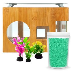 Aquatera 木質魚缸 AMZW30+魚缸裝飾仿真植物 3入+造景石 1kg+LED燈組, 綠松石（地板材料），隨機發貨（水草）