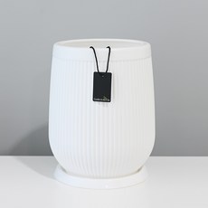 Garden in the City 現代簡約條紋圓形花盆 + 底盤組, 白色, 1套