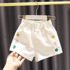 Bebenise 兒童迷你花朵刺繡鬆緊帶丹寧短褲