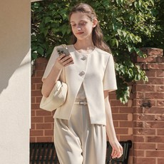 ZERO STREET 女款夏季開衩粗花呢外套, 香草色