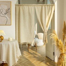 G&Y 素色亞麻流蘇半截門簾 2入, 米色