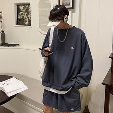 남성용 패션플로우 심플 로고 와플패턴 오버핏 긴팔티 + 반바지 세트