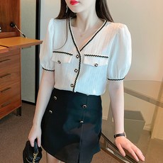 LUNAGIRL 拼色壓紋泡泡袖襯衫