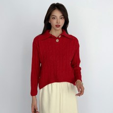더시럽 여성용 폴로 투버튼 꽈배기 긴팔 니트
