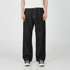 플레이즈 남성용 이염방지 핀턱 밑단스트링 2WAY 조거 와이드 데님팬츠